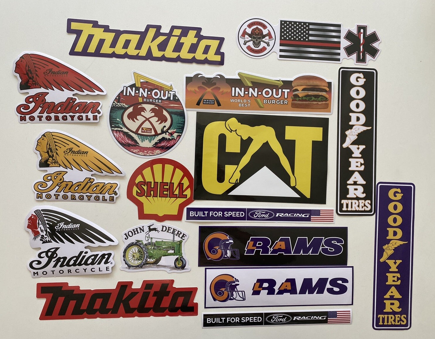 Sticker LOT 17 John Deere Decals Caterpillar Indian Motorcycles Goodyear Innout