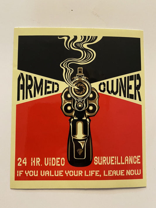 2 Security Sticker Video Camera Warning Surveillance ARMED OWNER SECURITY GUN