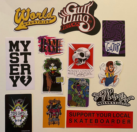 VINTAGE SKATEBOARDING STICKER Lot 1980’s World Industries Vision Madrid Santa Cruz Hawk Alva Sims Bam Bam Schmitt Stix