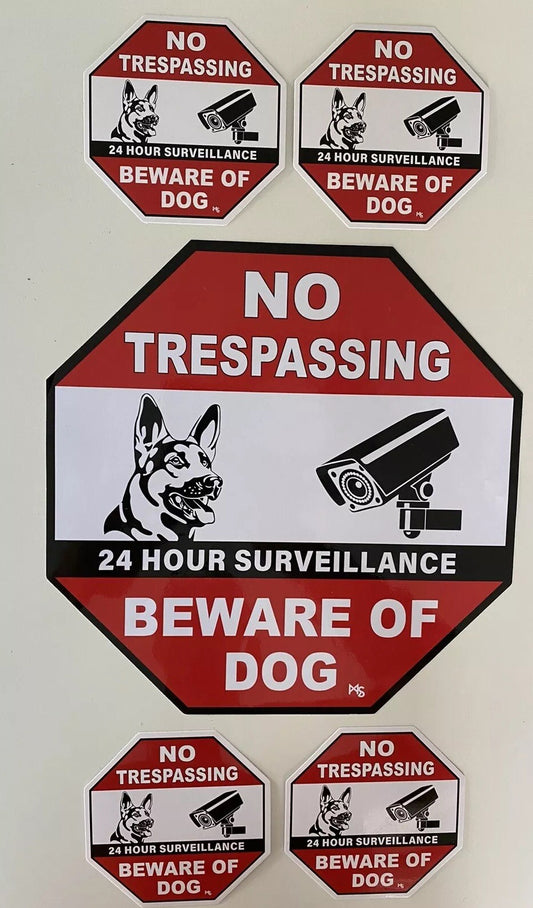 No Trespassing STICKERS XXL 10” Beware Of Dog STICKER 5 LOT CCTV STICKER