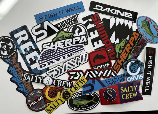 FISHING STICKER SET OF 12 SIMMS Reef Daiwa Shimano PELAGIC Aftco Orvis