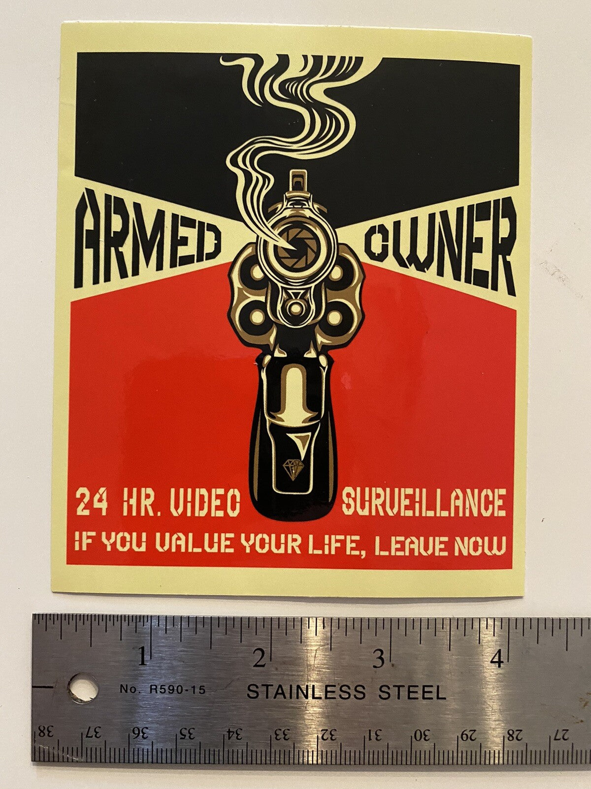 2 Security Sticker Video Camera Warning Surveillance ARMED OWNER SECURITY GUN