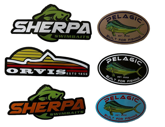 FISHING STICKER SET OF 8 SIMMS Sherpa Daiwa Shimano PELAGIC Aftco Orvis