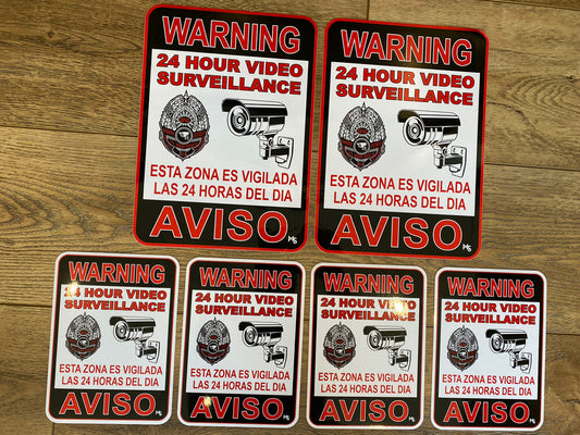 SECURITY SIGN 10 INCHES LARGE AVISO STICKER 6 LOT 24 Hr Video CAMERA STICKER