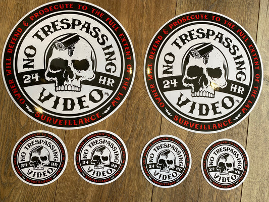 SECURITY SIGN 10 INCHES LARGE NO TRESPASSING STICKER 6 LOT VIDEO STICKER SKULL
