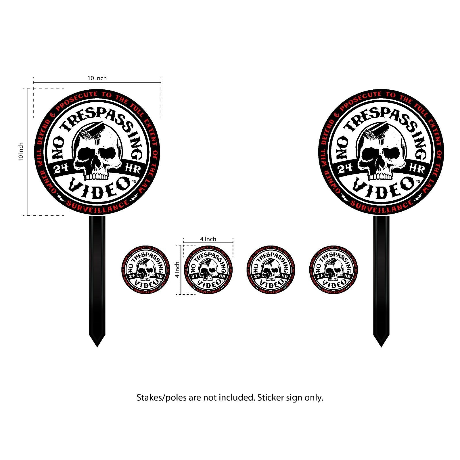 SECURITY SIGN 10 INCHES LARGE NO TRESPASSING STICKER 6 LOT VIDEO STICKER SKULL
