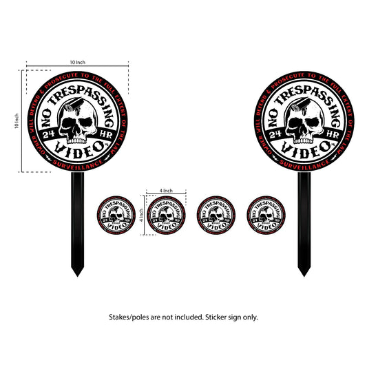 SECURITY SIGN 10 INCHES LARGE NO TRESPASSING STICKER 6 LOT VIDEO STICKER SKULL