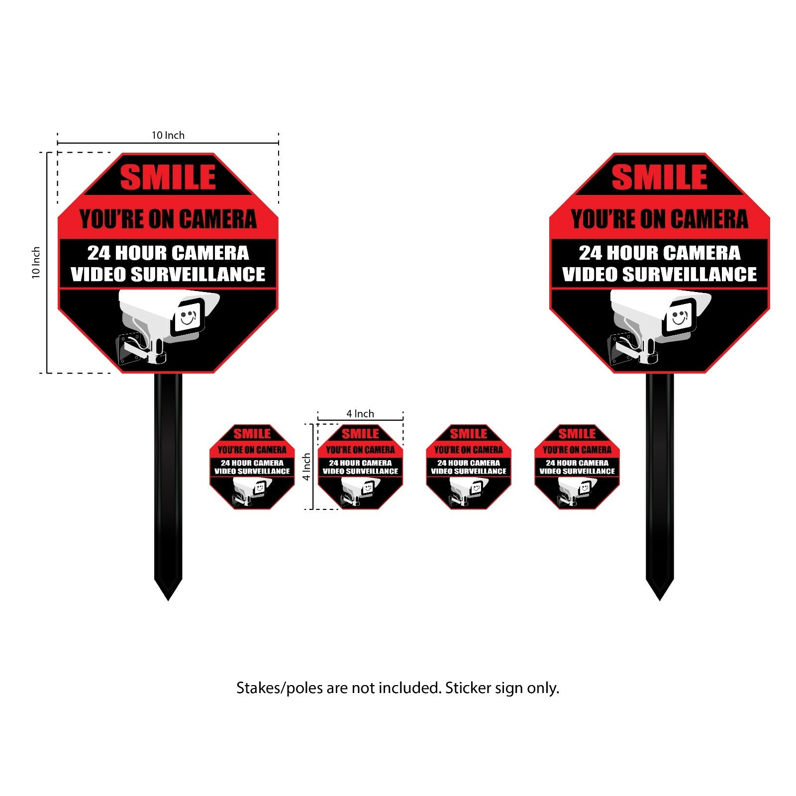 SMILE YOU ARE ON CAMERA SIGN 10 INCHES LARGE ALARM STICKER 6 Lot SECURITY