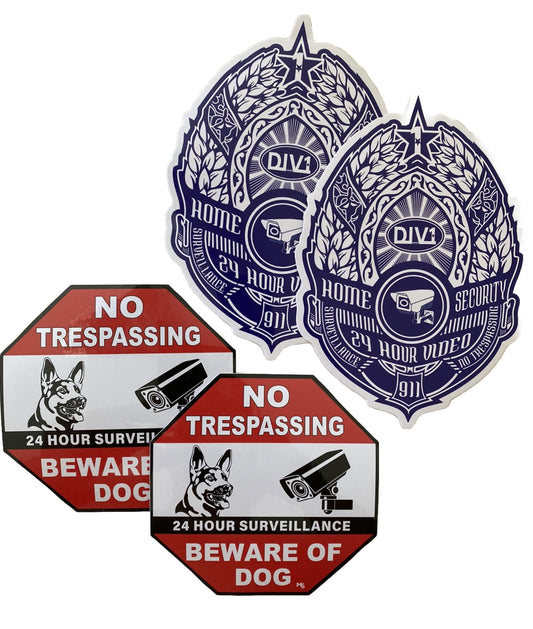 CAMERA SECURITY STICKER CCTV 4 PACK OF STICKERS Beware Of Dog Decal No Trespass