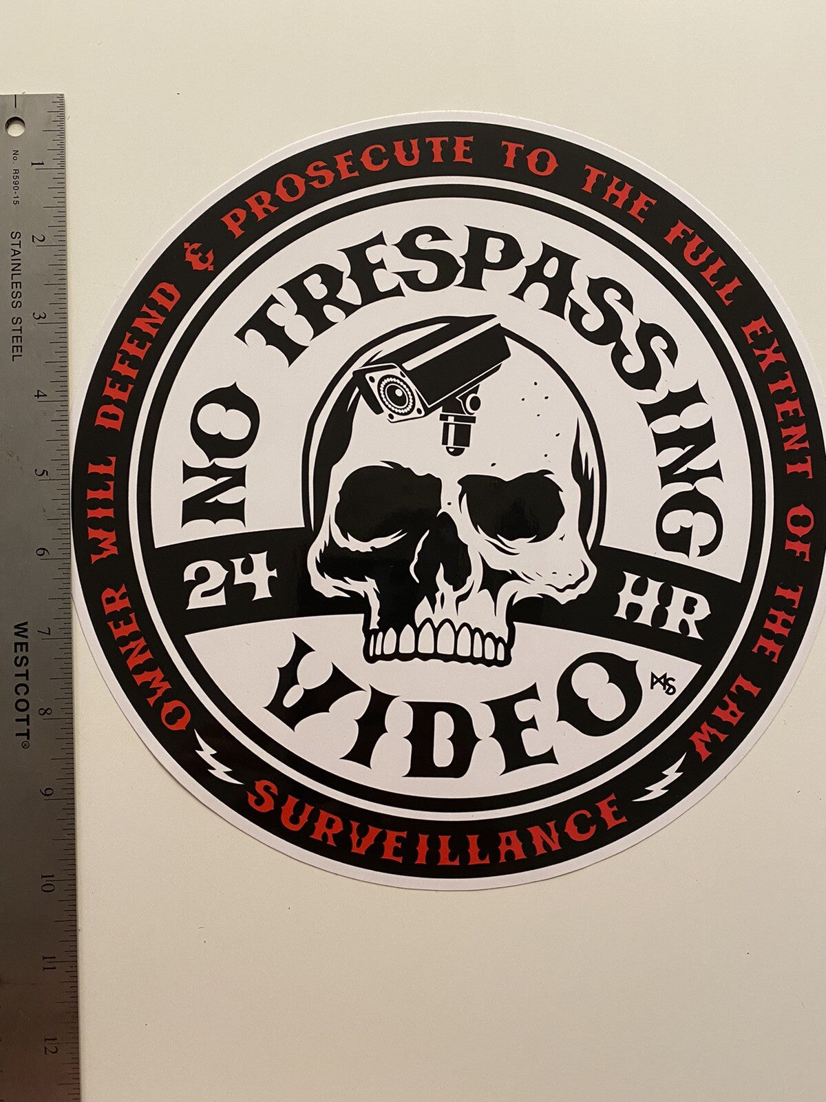 SECURITY SIGN 10 INCHES LARGE NO TRESPASSING STICKER 6 LOT VIDEO STICKER SKULL