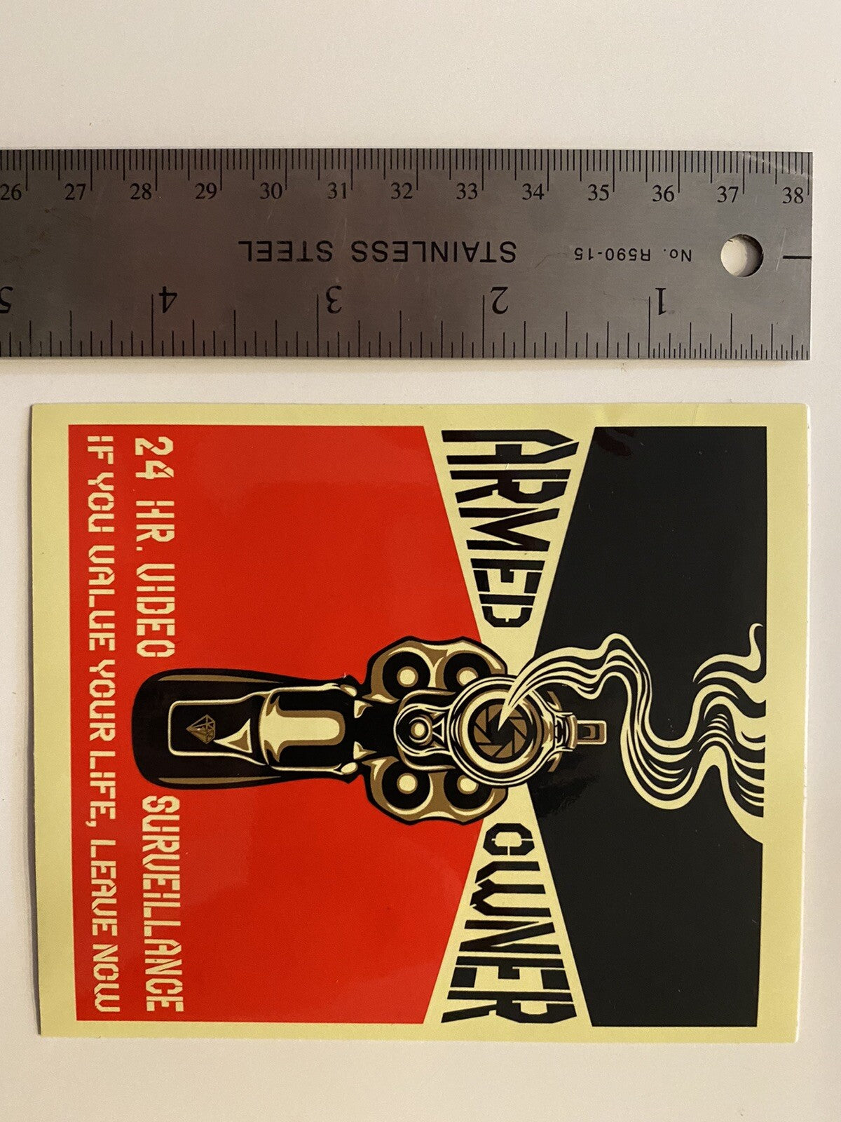 2 Security Sticker Video Camera Warning Surveillance ARMED OWNER SECURITY GUN