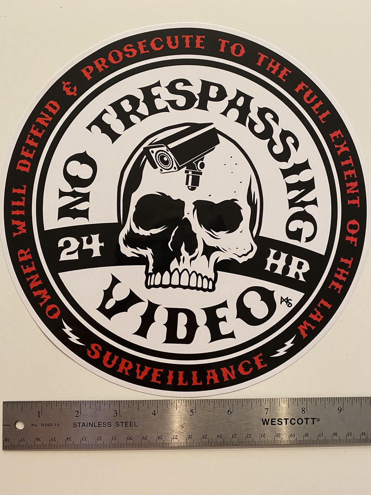 SECURITY SIGN 10 INCHES LARGE NO TRESPASSING STICKER 6 LOT VIDEO STICKER SKULL