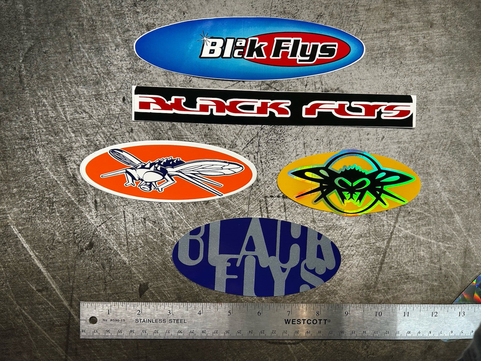 BLACK FLYS STICKER Lot Vintage Oakley RVCA Quiksilver Bones Santa Cruz KROQ Spy